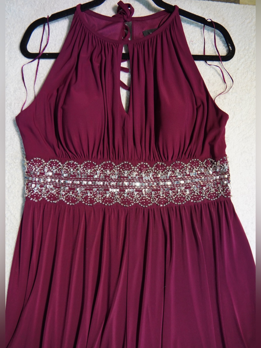 R&M Richard’s Wine Burgundy Halter Maxi Dress Embellished Waist Size 14 Formal